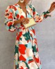 Women's new fall printing long-sleeved waisted temperament elegant V-neck dresses