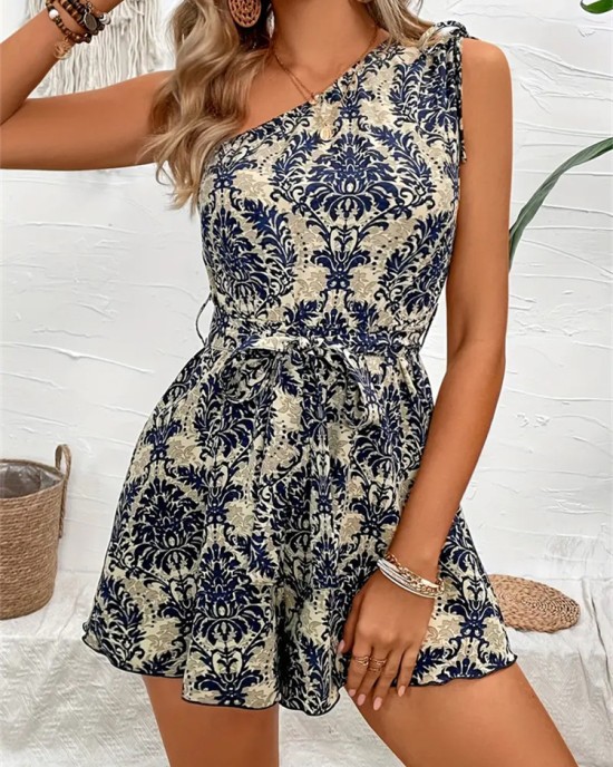 Women's Printed Slant Shoulder Drawstring Sleeveless One Shoulder Short Dress Pants Summer Women Jumpsuit Women Pants Shorts Women