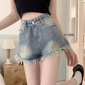 Raw edge denim shorts female summer thin gradient design sense hundred pants American high street casual shorts