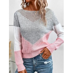 [Special Offers]Sweater autumn winter contrasting round neck pullover with hollow out slim fit long sleeved thin design