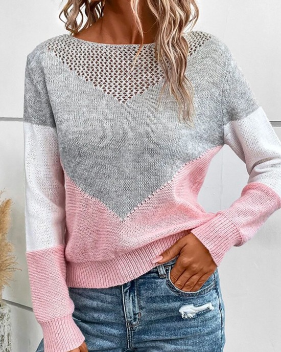 [Special Offers]Sweater autumn winter contrasting round neck pullover with hollow out slim fit long sleeved thin design