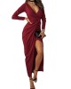 Sexy V-neck solid color long sleeve slit dress