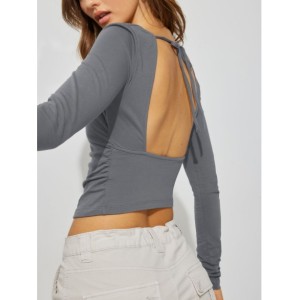 Sexy backless inner women's knitwear long-sleeved t-shirt spicy girl blouse square neck bottoming shirt